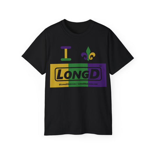 I Fluer LongD® Logo Cotton Tee (Mardi Gras colored text, negative logo & fleur de lis)