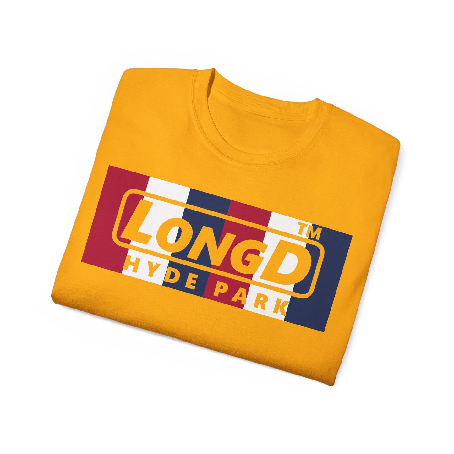LongD negative vertical 6-striped Hyde Park logo cotton tee (patriotic colors)
