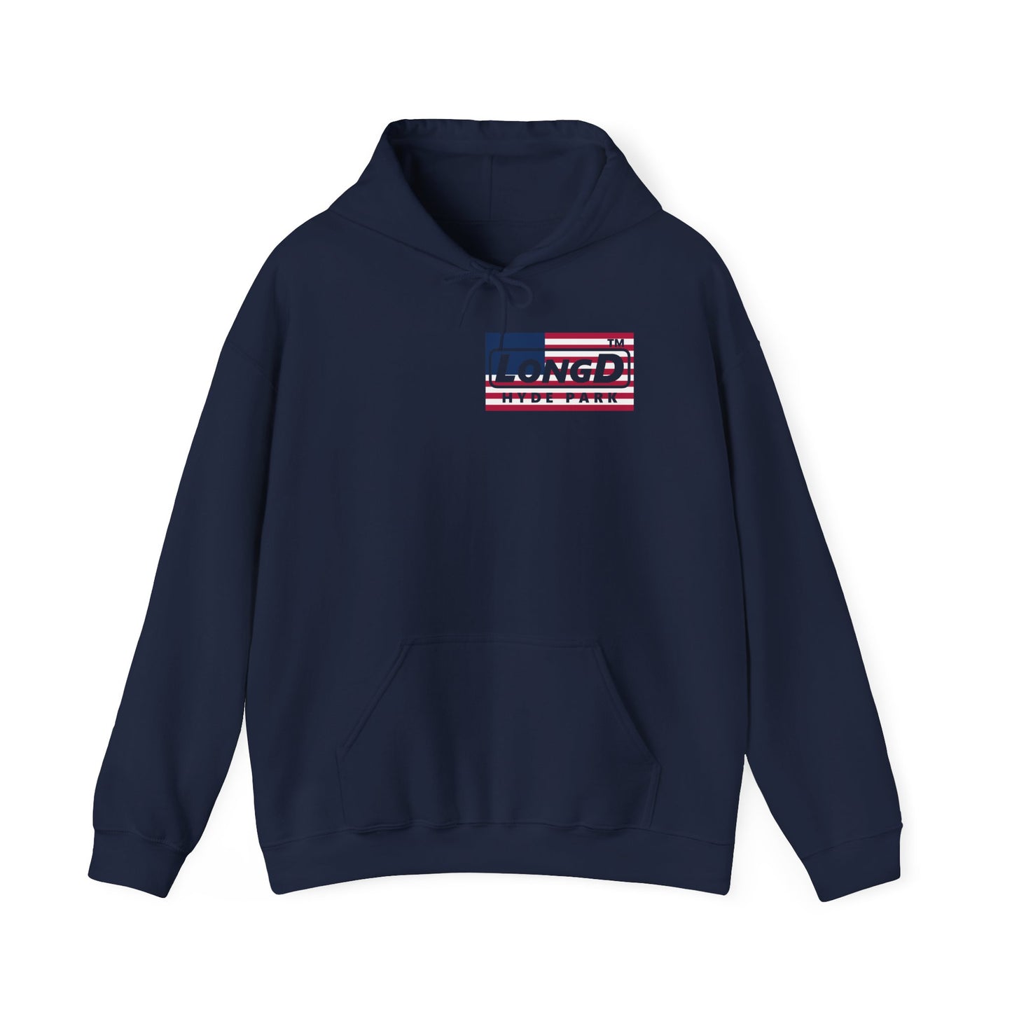 LongD® negative flag front-back single breasted Hyde Park logo hoodie (patriotic colors)
