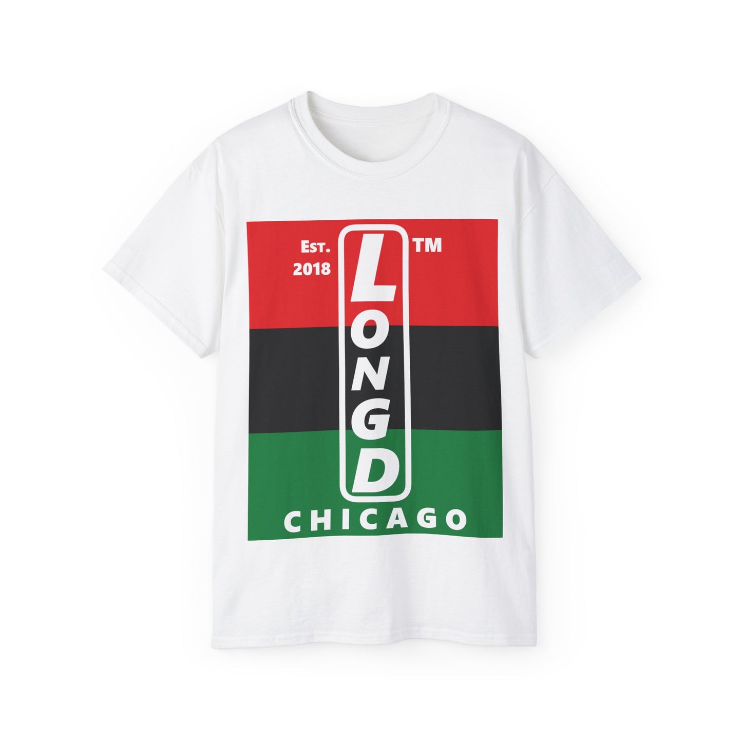 LongD Cotton Tee negative horizontal striped Chicago upright logo (Juneteenth colors)