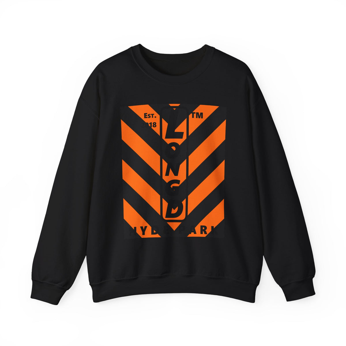 LongD Hyde Park negative upright downward chevron logo (Halloween colors) crewneck sweatshirt