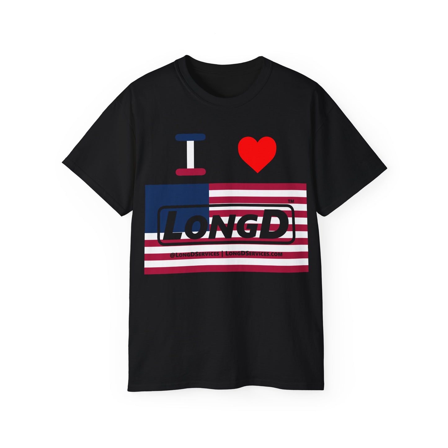 I Luv LongD® Logo Cotton Tee Red, White and Blue negative flag text