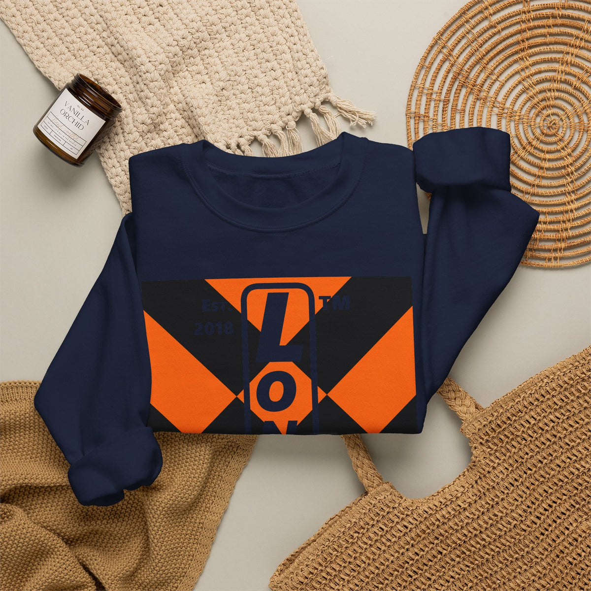 LongD Hyde Park negative upright mixed argyle logo (Halloween colors) crewneck sweatshirt