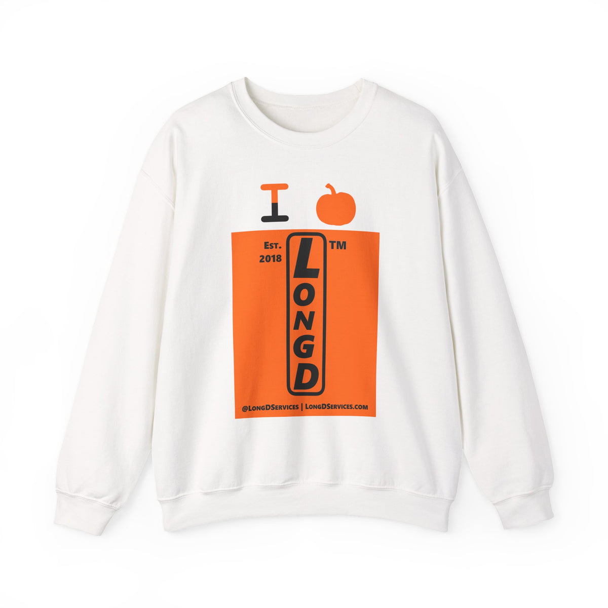 I pumpkin LongD Tag-domain upright logo positive black on negative orange crewneck sweatshirt