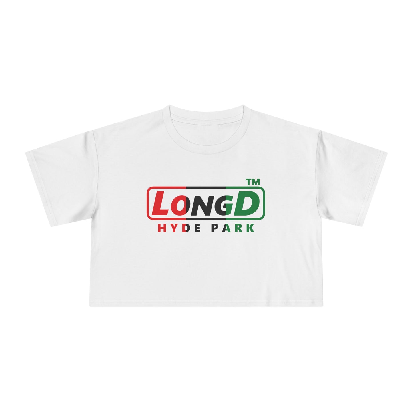 LongD positive vertical 3-striped Hyde Park logo crop tee (Juneteenth colors)