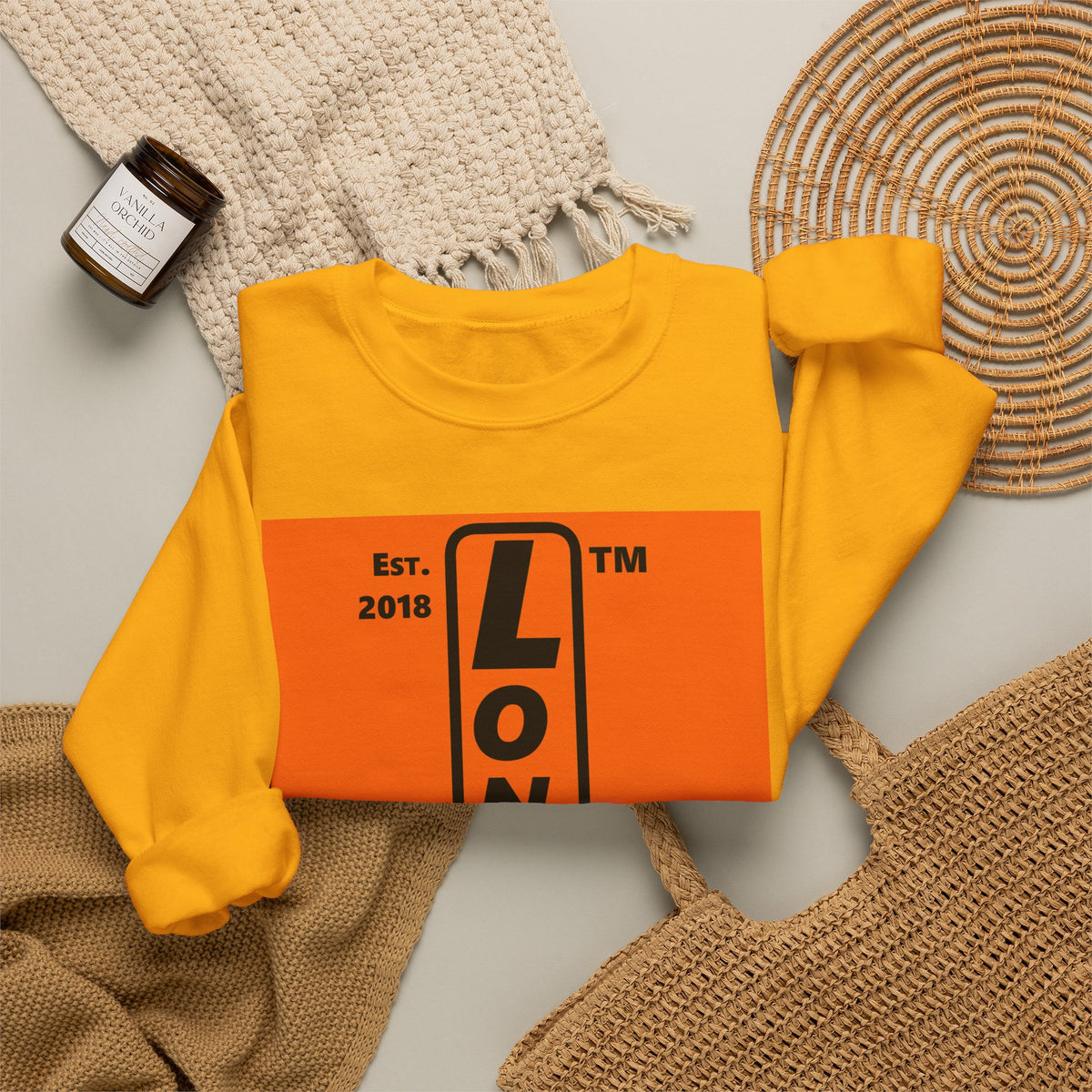 LongD Hyde Park upright logo Black (000000) on orange (FE7518) (Halloween colors) crewneck sweatshirt