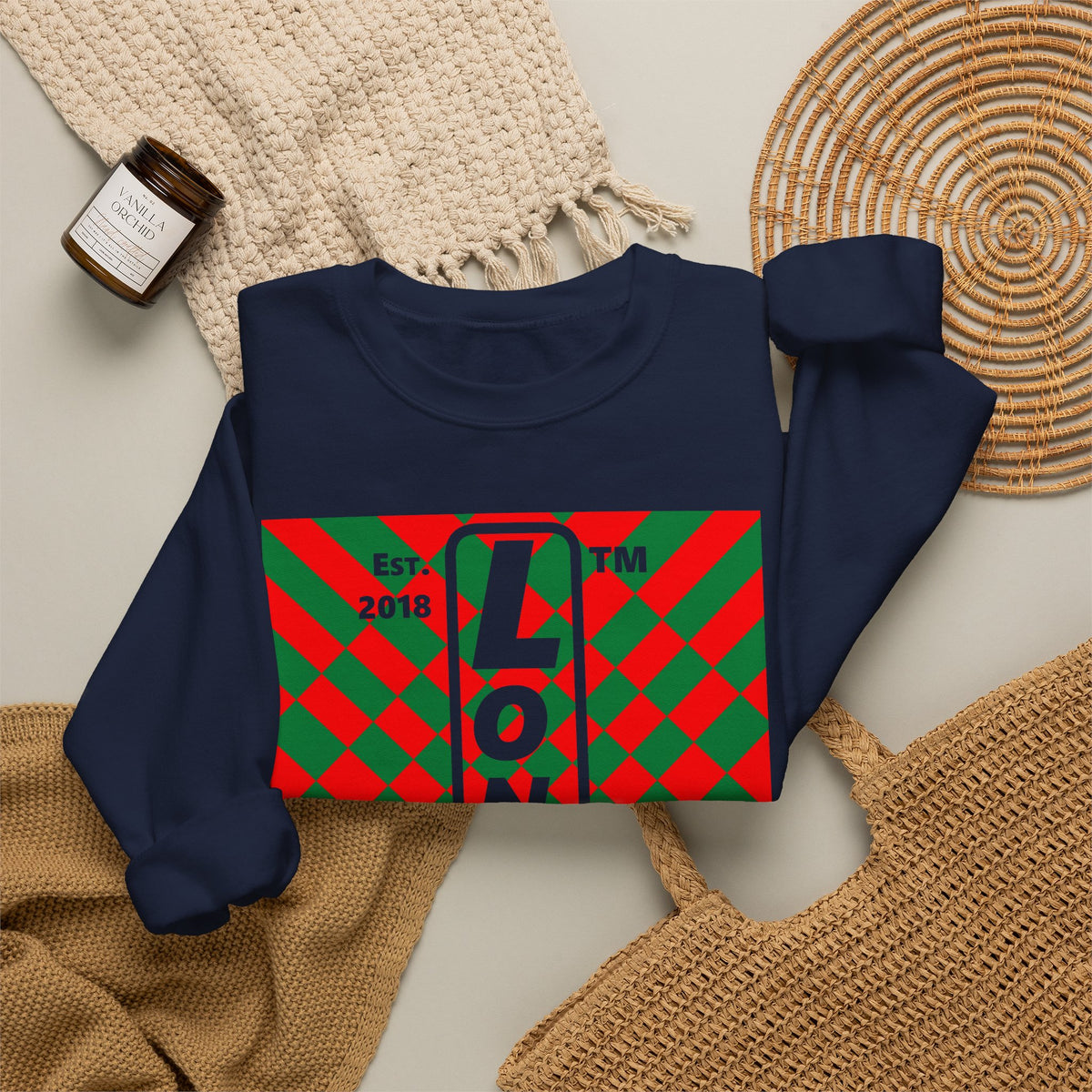 LongD Chicago negative upright stylized argyle 4-print logo (Xmas colors) crewneck sweatshirt