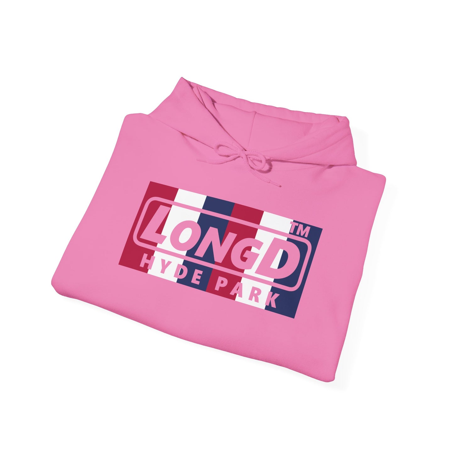 LongD® negative vertical 6-striped Hyde Park logo hoodie (patriotic colors)