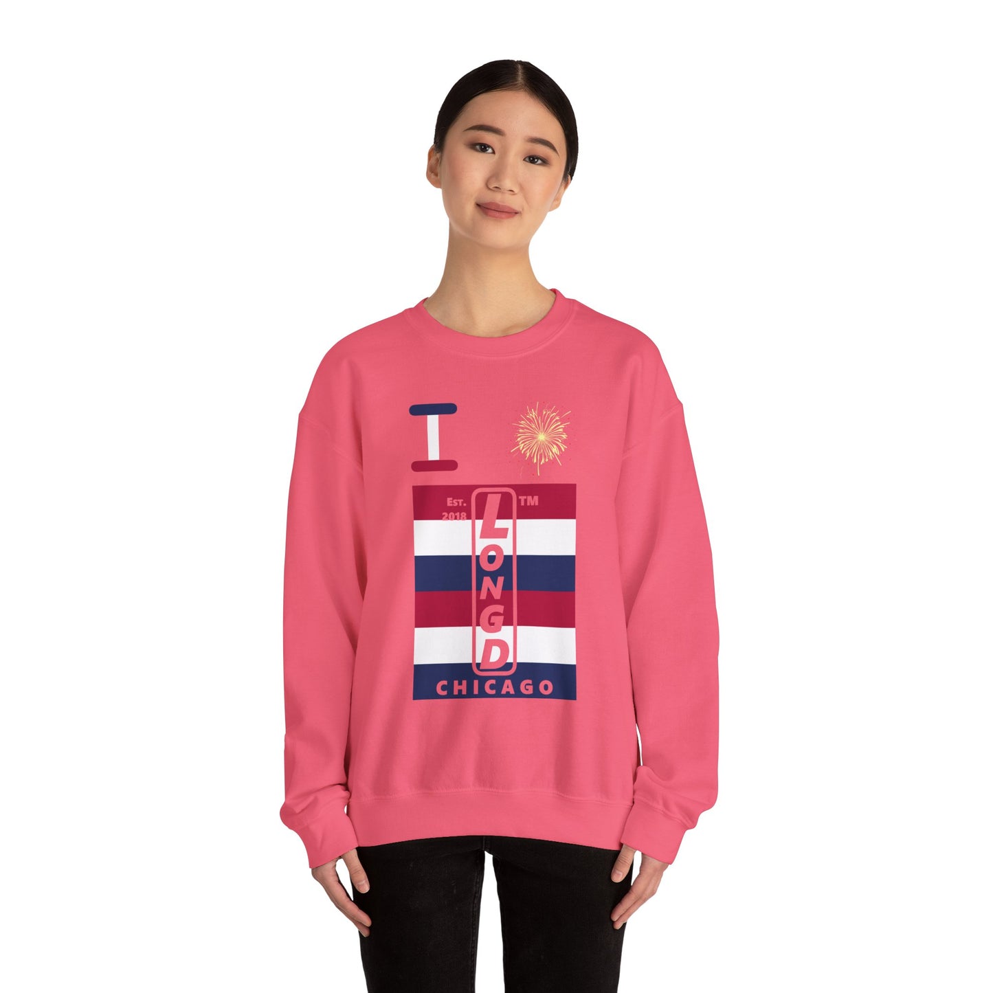 I Burst LongD negative horizontal 6-striped Hyde Park upright logo crewneck sweatshirt