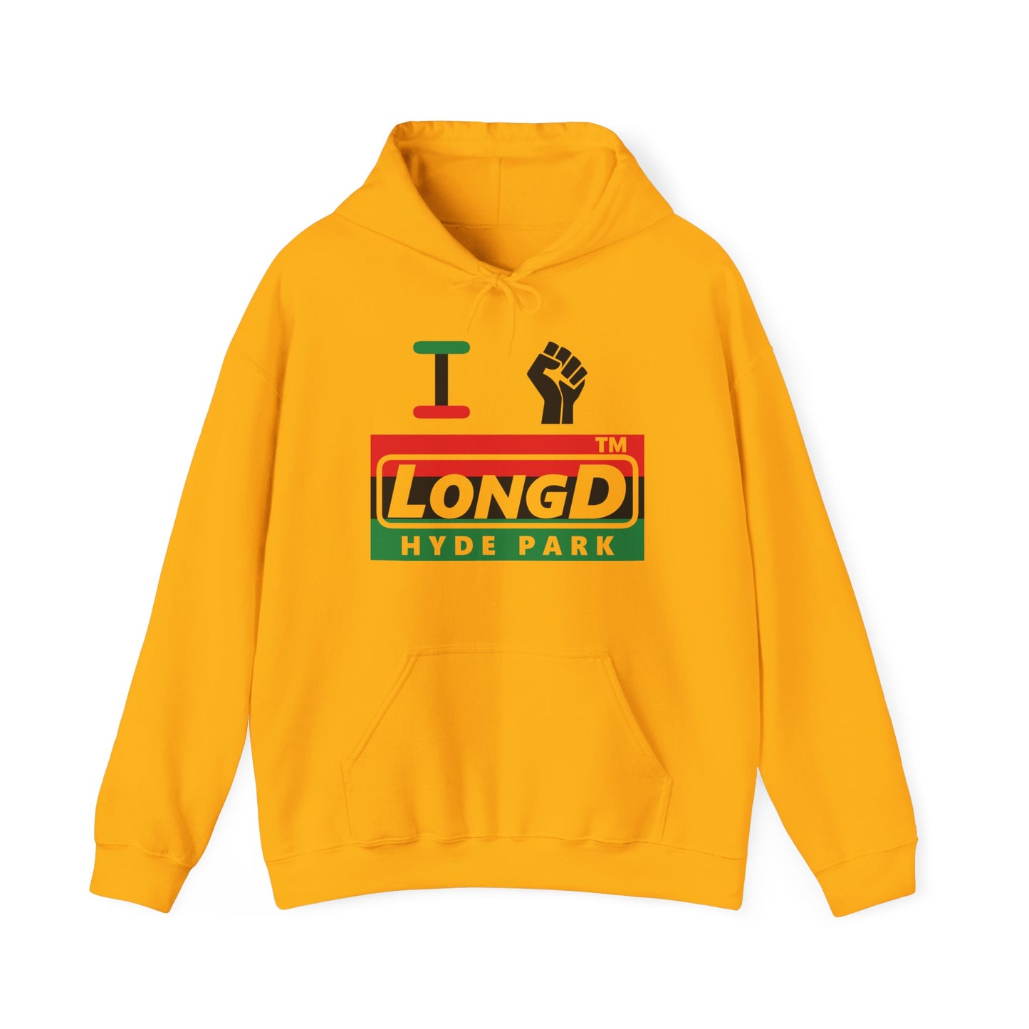 I fist LongD® negative horizontal 3-striped Hyde Park logo Hoodie (Juneteenth colors)