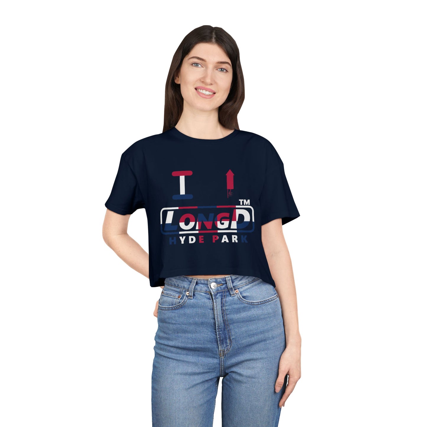 I firecracker LongD positive 2x5 double-breasted front-back Hyde Park Logo Crop Tee (Patriotic colors)