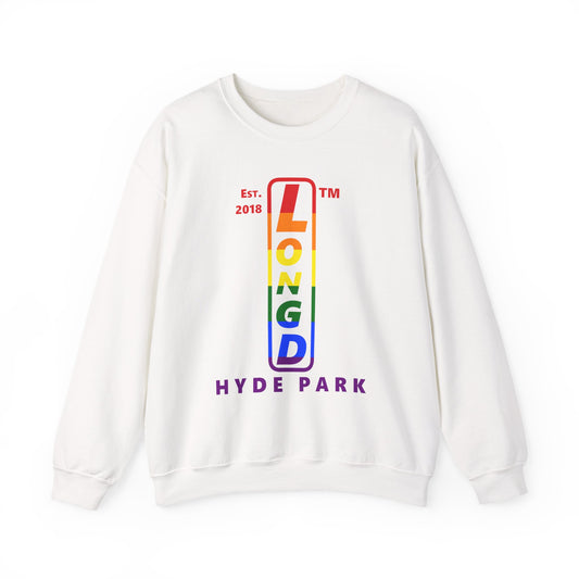 LongD positive horizontal 6-striped Hyde Park upright logo crewneck sweatshirt (Pride colors)
