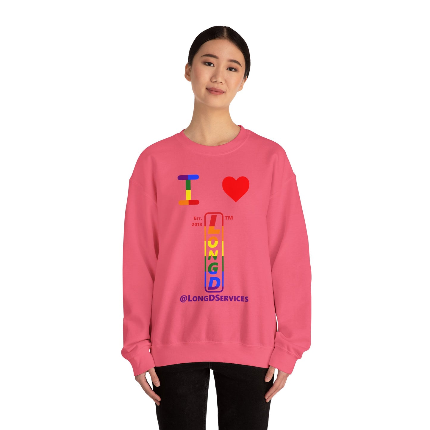 I Luv LongD positive horizontal 6-striped tag upright logo crewneck sweatshirt
