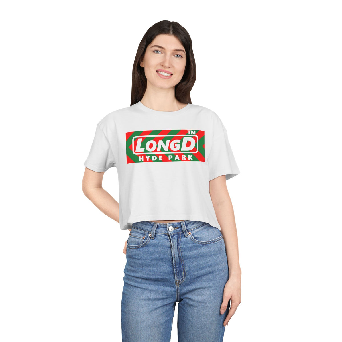 LongD Hyde Park negative leftward chevron logo (Xmas colors) crop tee