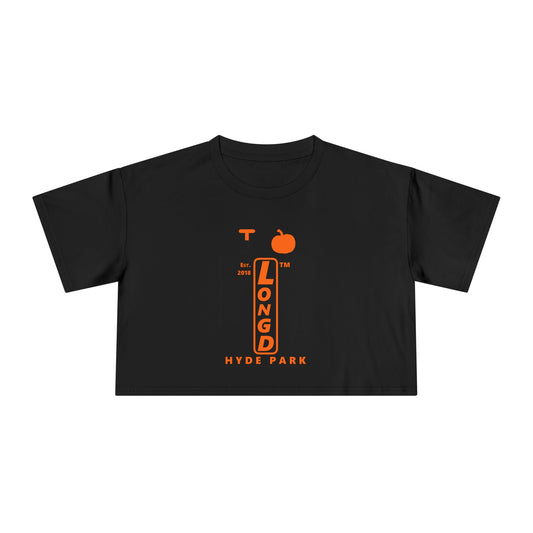 I pumpkin LongD Hyde Park upright logo positive orange on negative black crop tee