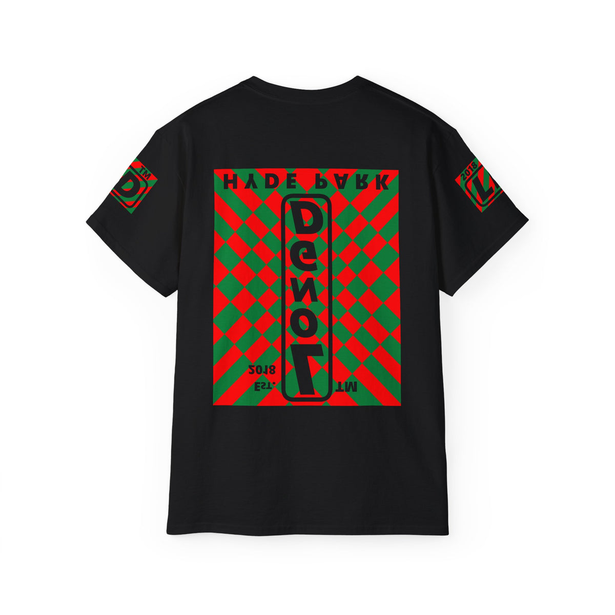 LongD Hyde Park negative upright stylized argyle 4-print logo (Xmas colors) cotton tee