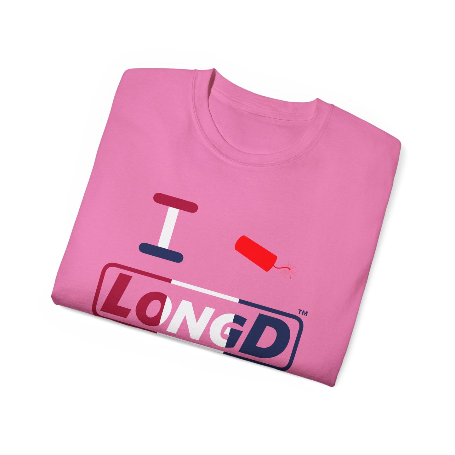 I Firecracker LongD® Logo Cotton Tee Red, White and Blue positive thirds text