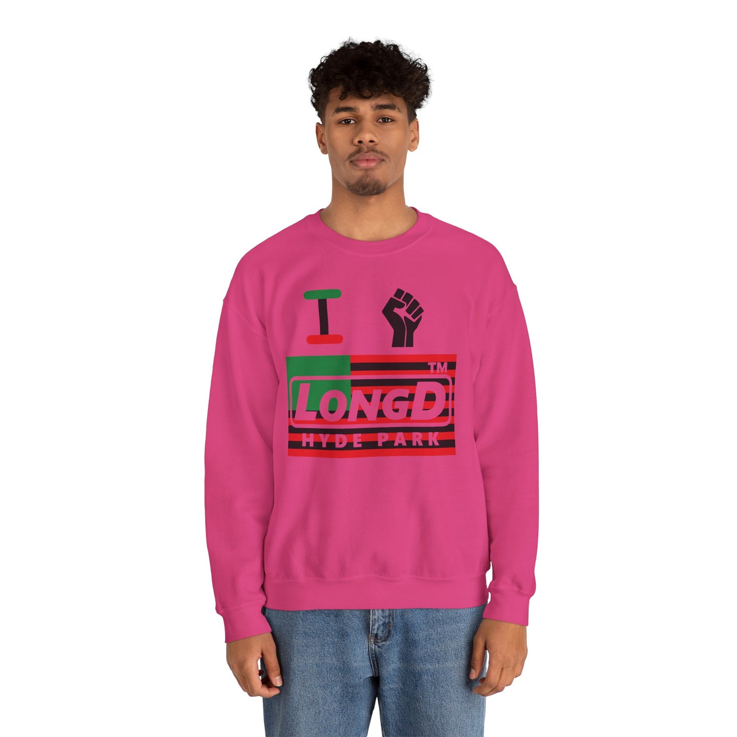 I fist LongD negative flag front-back Hyde Park logo crewneck sweatshirt