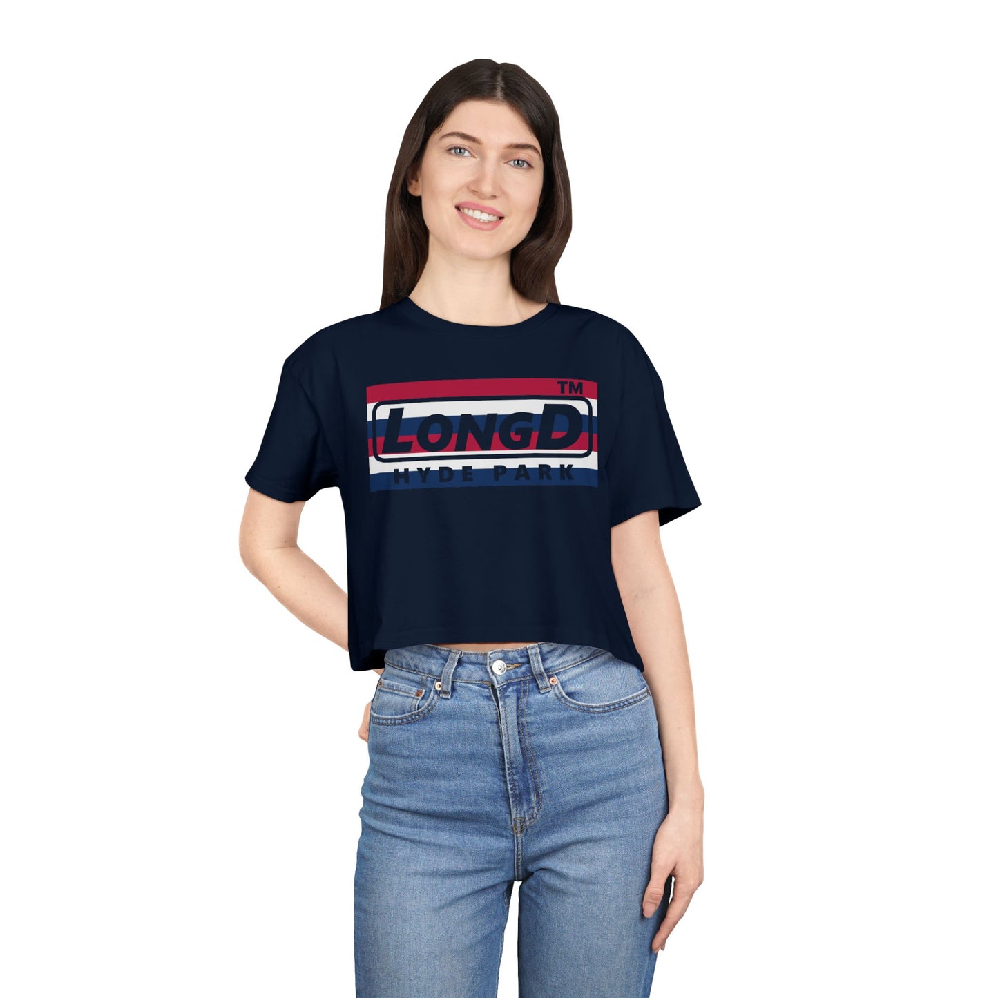 LongD negative horizontal 6-striped Hyde Park Logo Crop Tee (Patriotic colors)