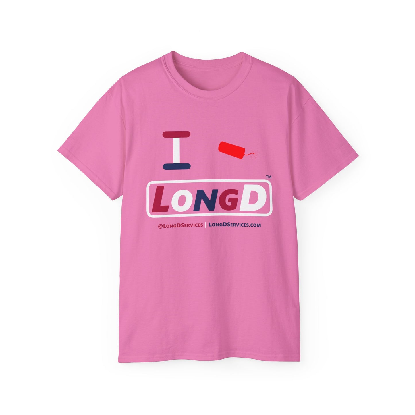 I Firecracker LongD® Logo Cotton Tee Red, White and Blue positive varied elements text
