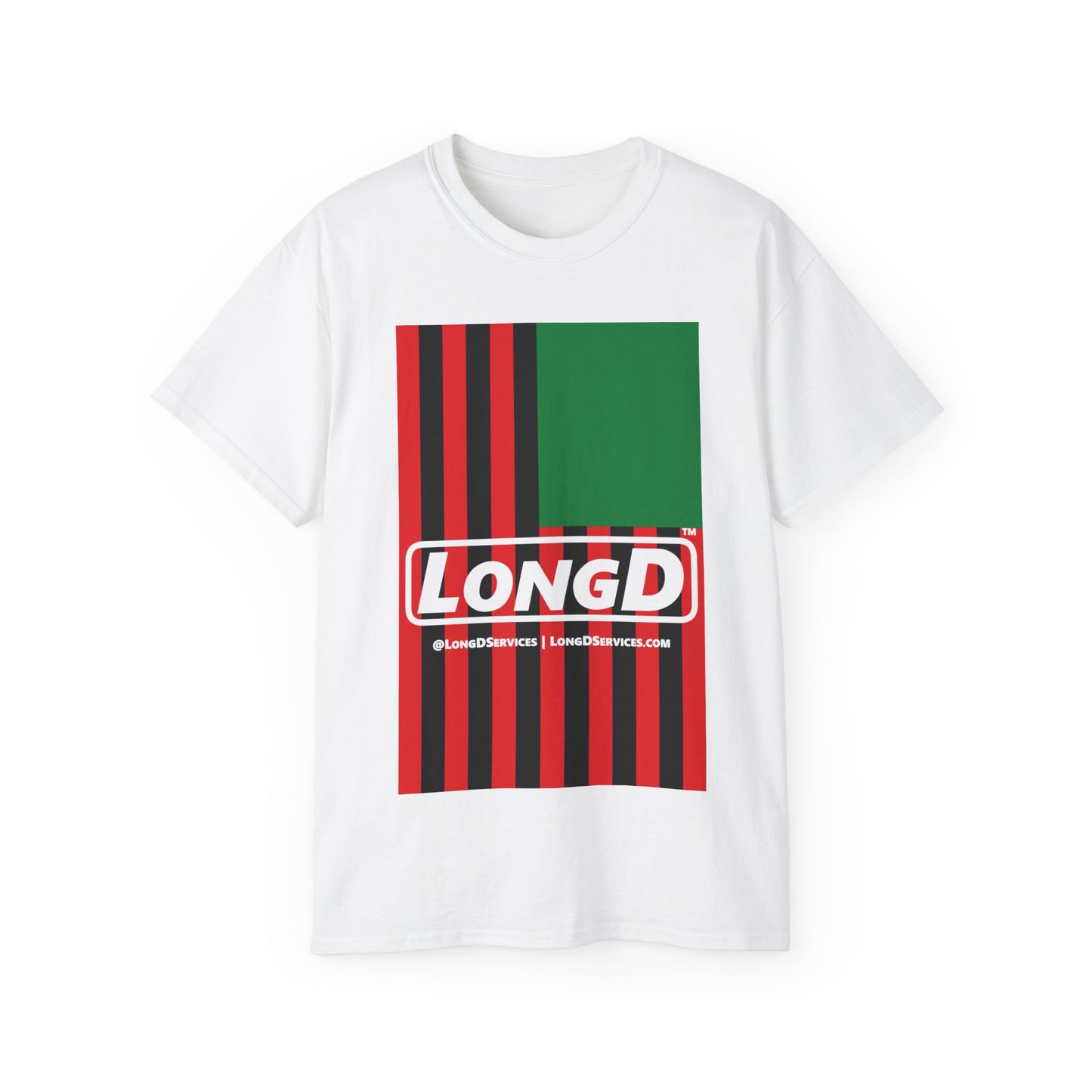 LongD® Logo Cotton Tee Juneteenth cropped vertical African-American flag negative text