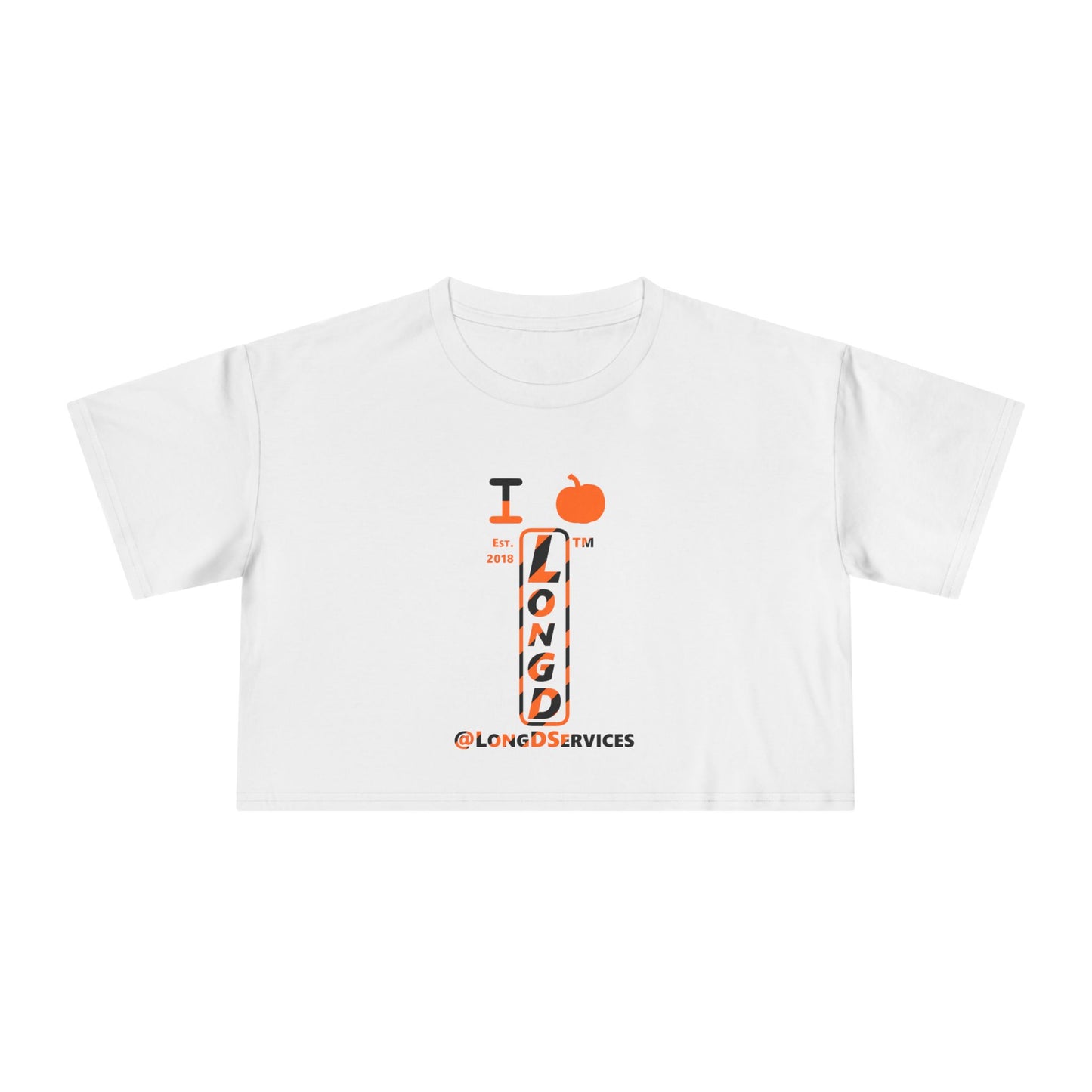 I pumpkin LongD Tag positive upright pixel-weighted 12-striped front-back logo crop tee