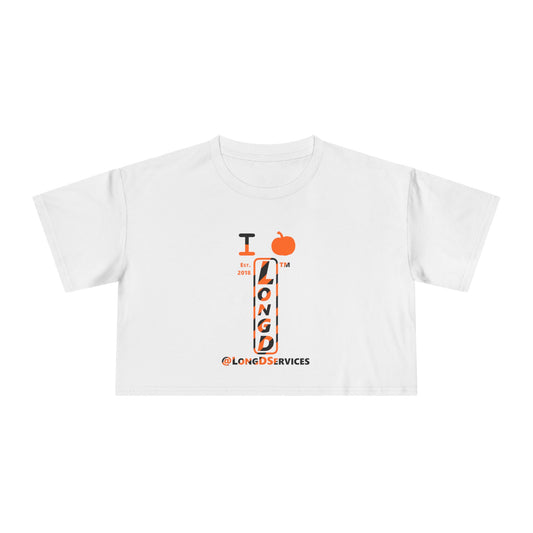 I pumpkin LongD Tag positive upright pixel-weighted 12-striped front-back logo crop tee