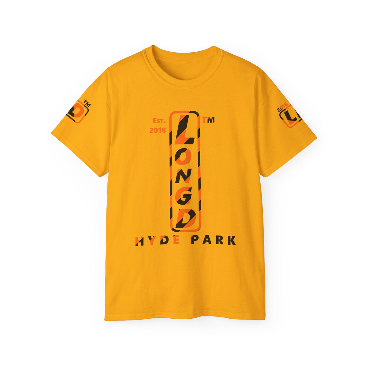 LongD Hyde Park positive upright pixel-weighted 12-striped 4-print logo (Halloween colors) cotton tee