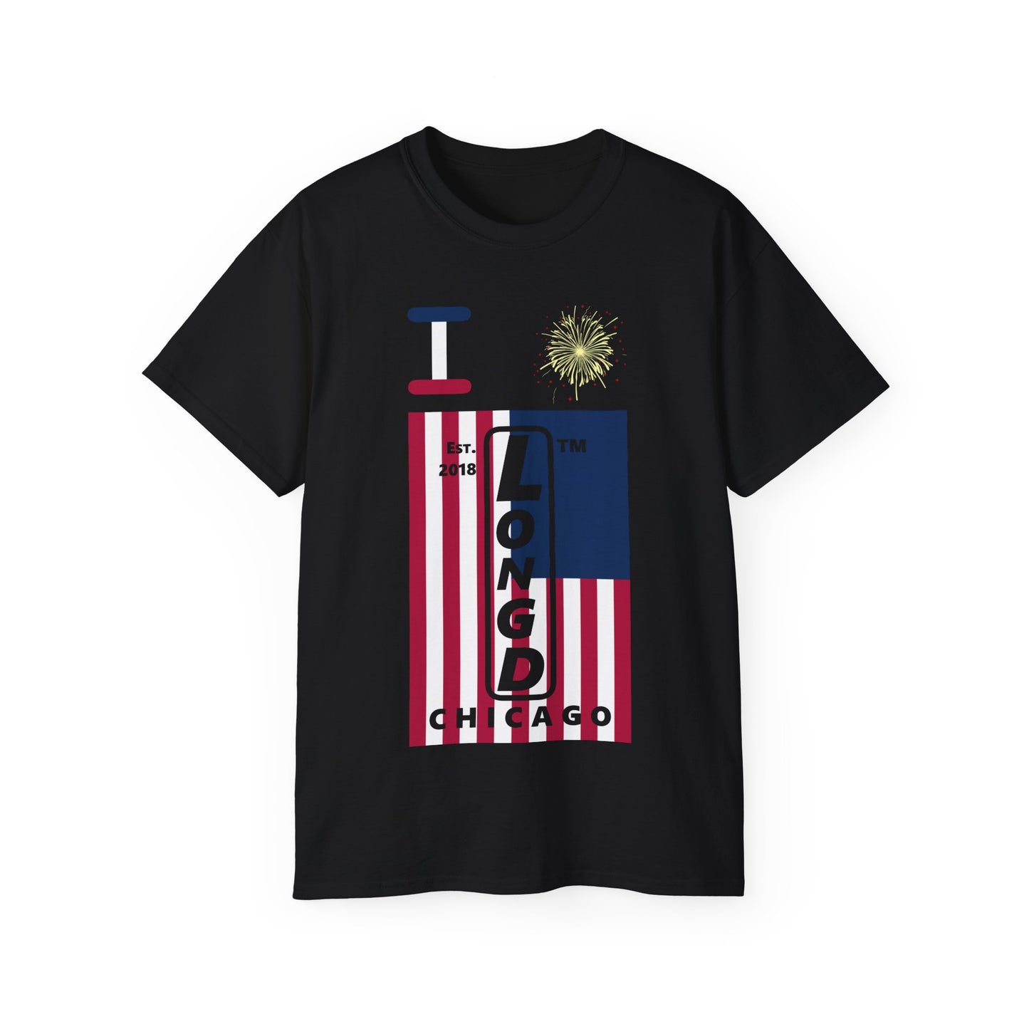 I Burst LongD cotton tee negative cropped flag Chicago upright logo (Patriotic colors)