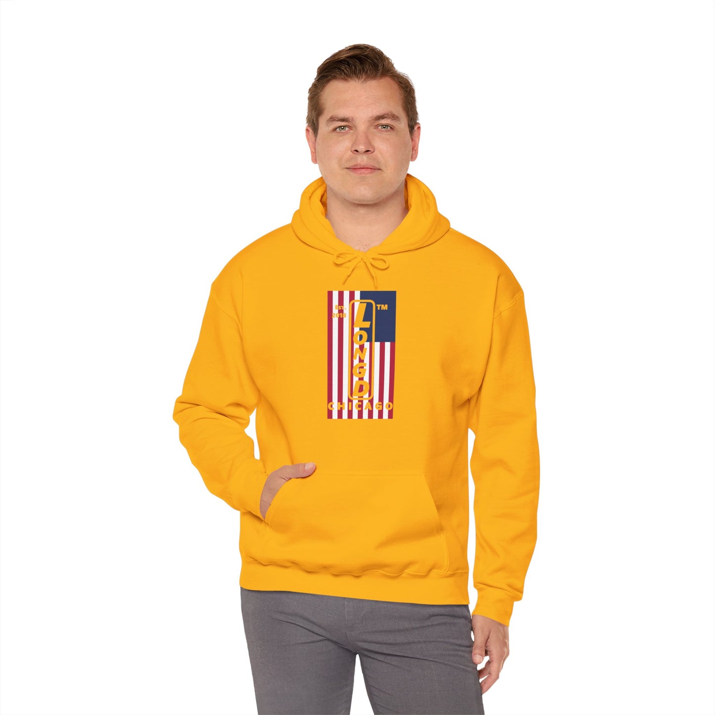 LongD® negative flag upright Chicago logo hoodie