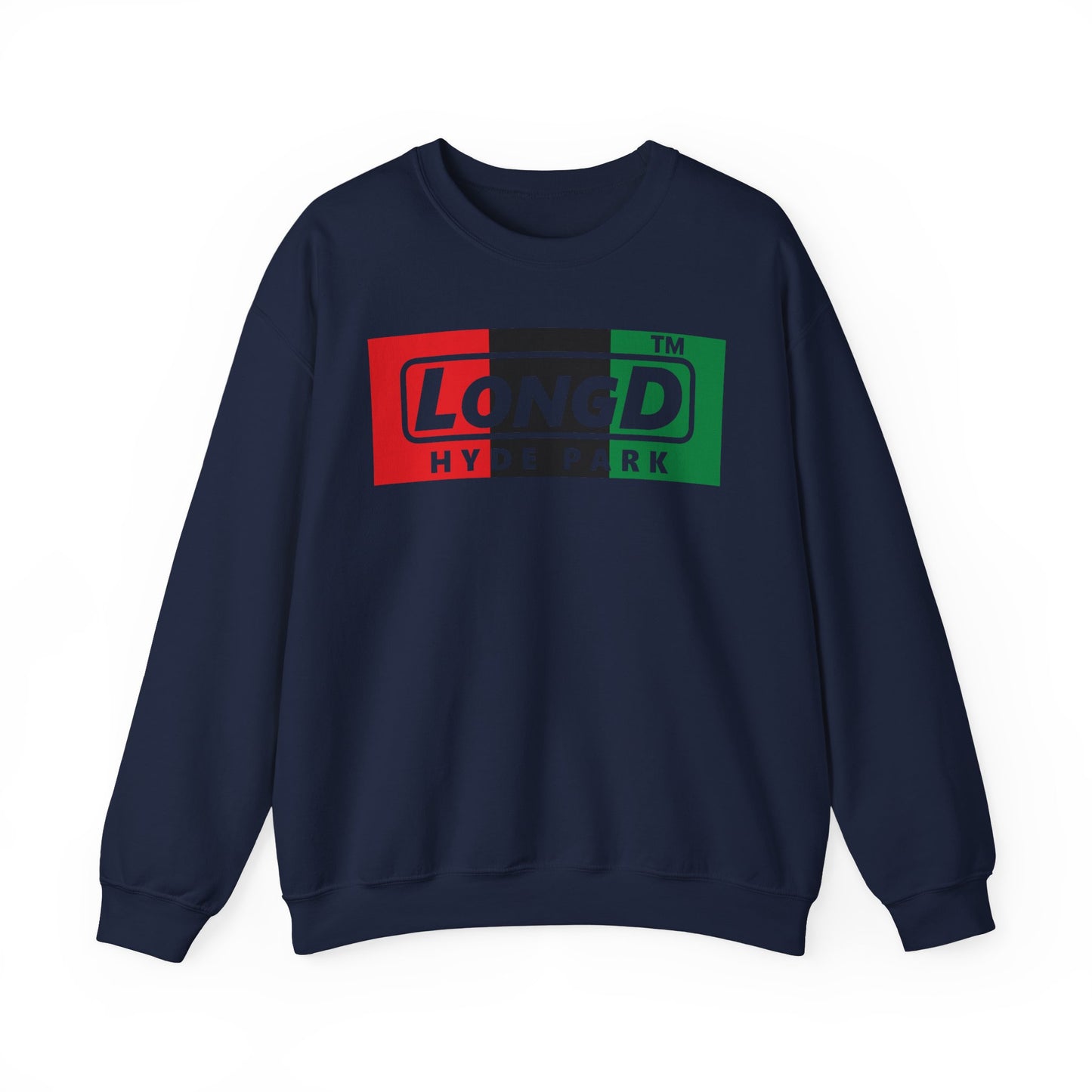 LongD negative vertical 3-striped Hyde Park logo crewneck sweatshirt (Juneteenth colors)