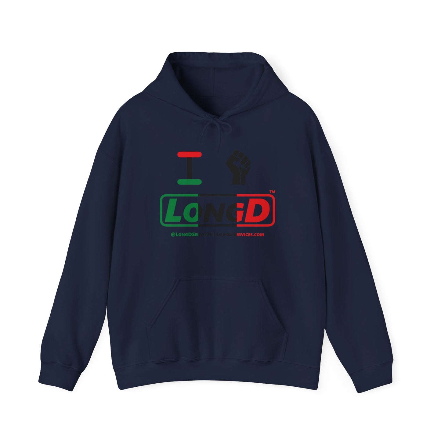 I Fist LongD® Logo Hoodie with Juneteenth black fist positive thirds text