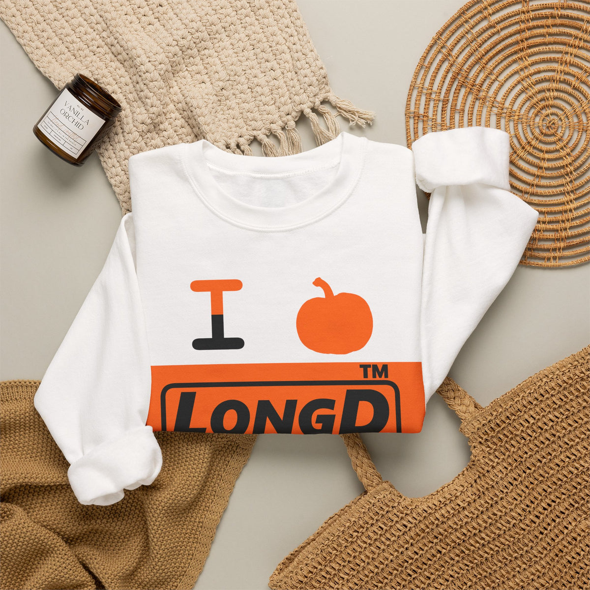 I pumpkin LongD Hyde Park logo positive black on negative orange crewneck sweatshirt