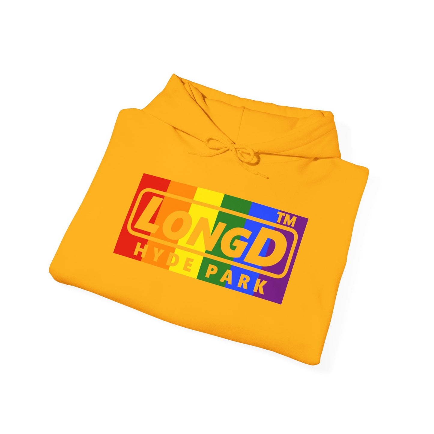 LongD® negative vertical striped 4-print Hyde Park logo hoodie (Pride colors)
