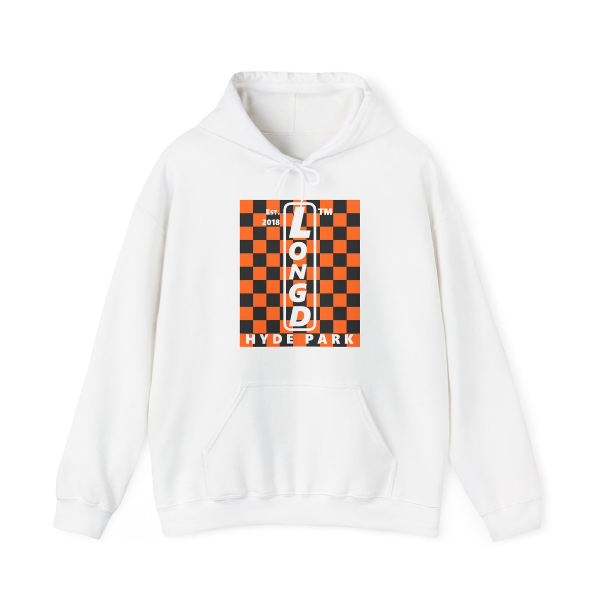 LongD Hyde Park negative upright checkered logo (Halloween colors) hoodie
