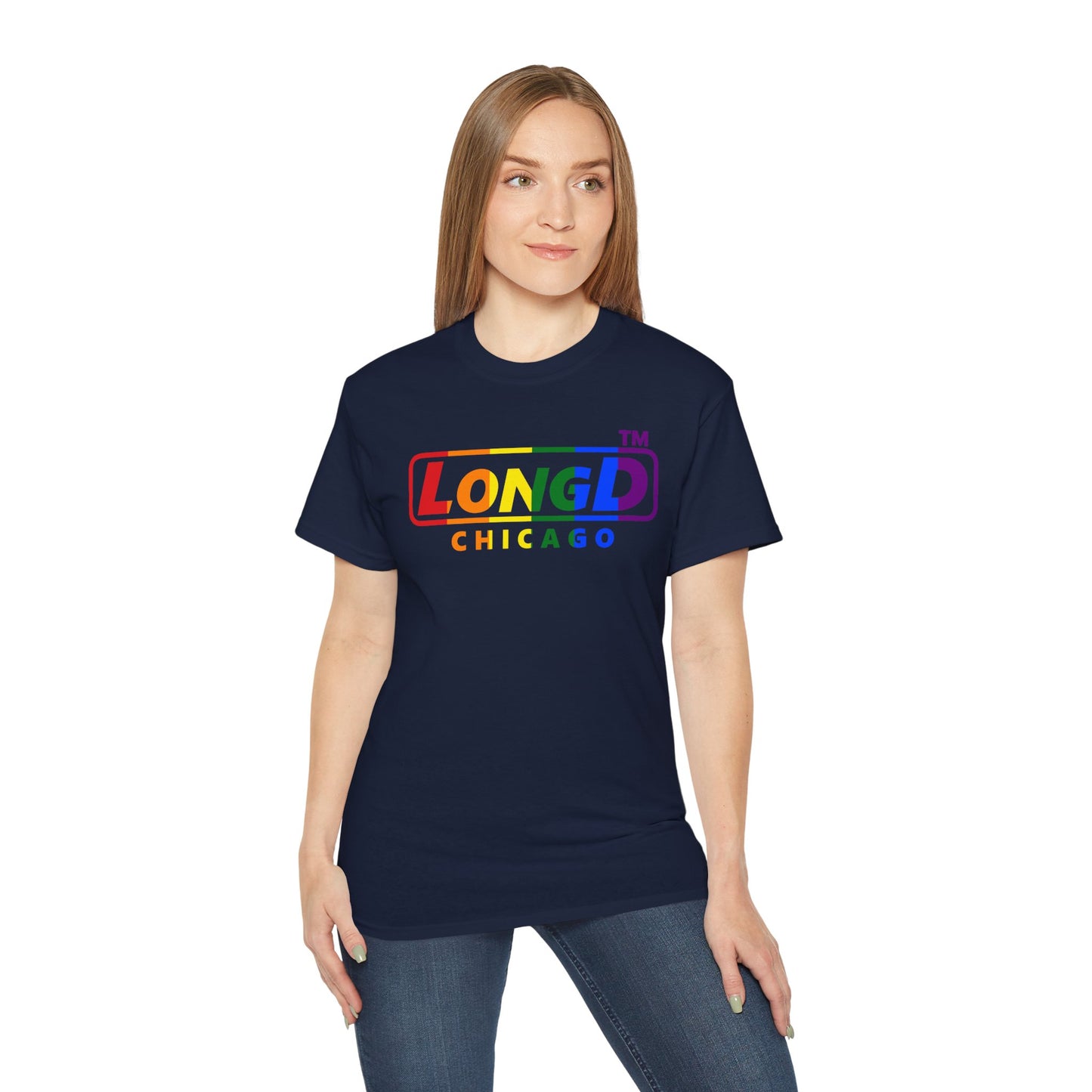LongD positive vertical striped Chicago logo cotton tee (Pride colors)