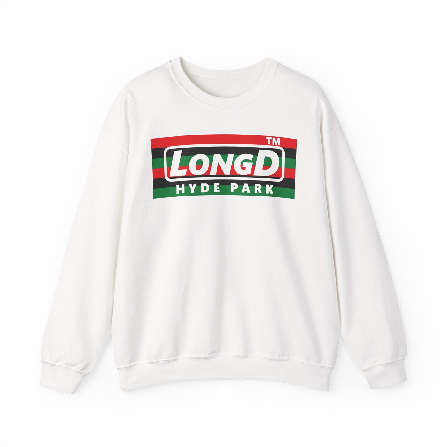 LongD negative horizontal 6-striped Hyde Park logo crewneck sweatshirt (Juneteenth colors)