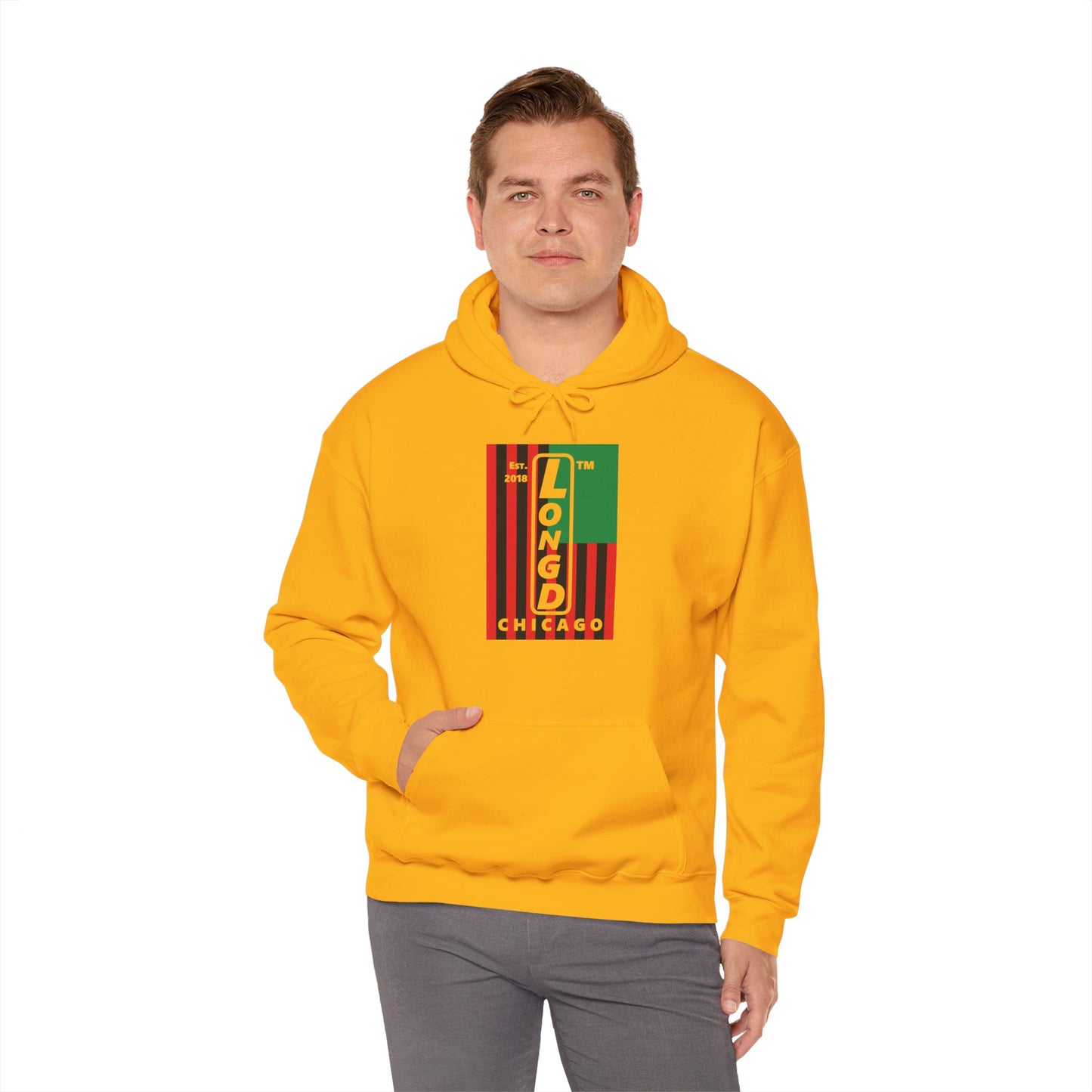 LongD® negative cropped flag upright Chicago logo hoodie (Juneteenth colors)