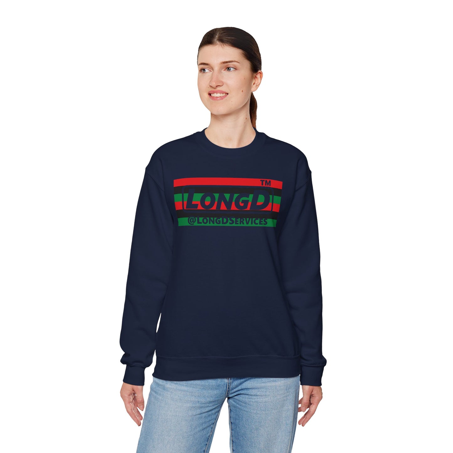 LongD negative horizontal 6-striped Chicago logo crewneck sweatshirt (Juneteenth colors)