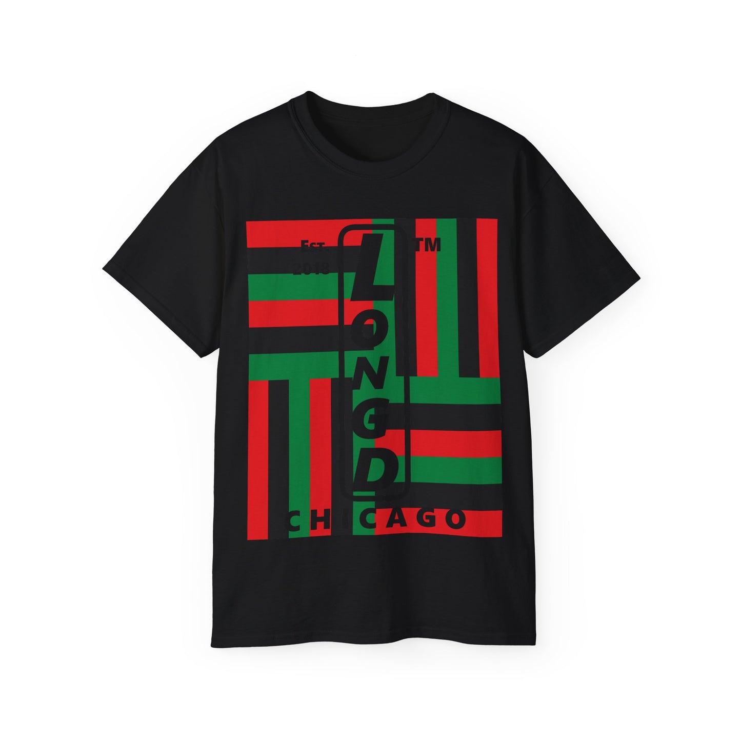 LongD Cotton Tee negative windmill Chicago upright logo (Juneteenth colors)