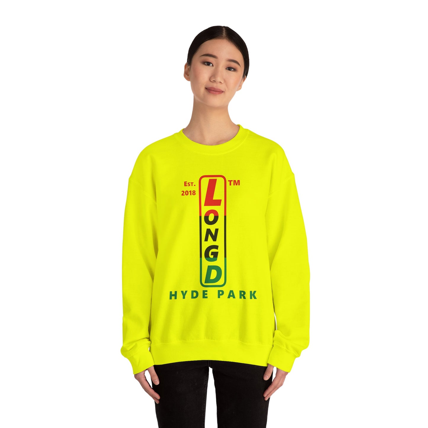 LongD positive horizontal 3-striped Hyde Park upright logo crewneck sweatshirt (Juneteenth colors)