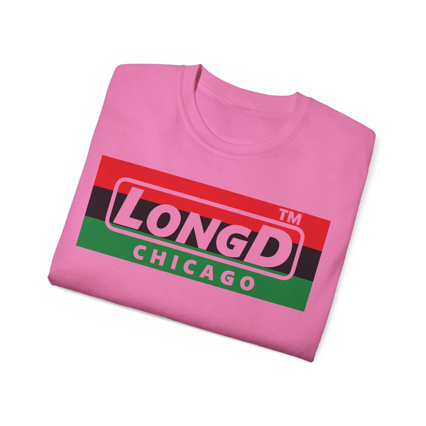 LongD negative horizontal 3-striped Chicago logo cotton tee (Juneteenth colors)