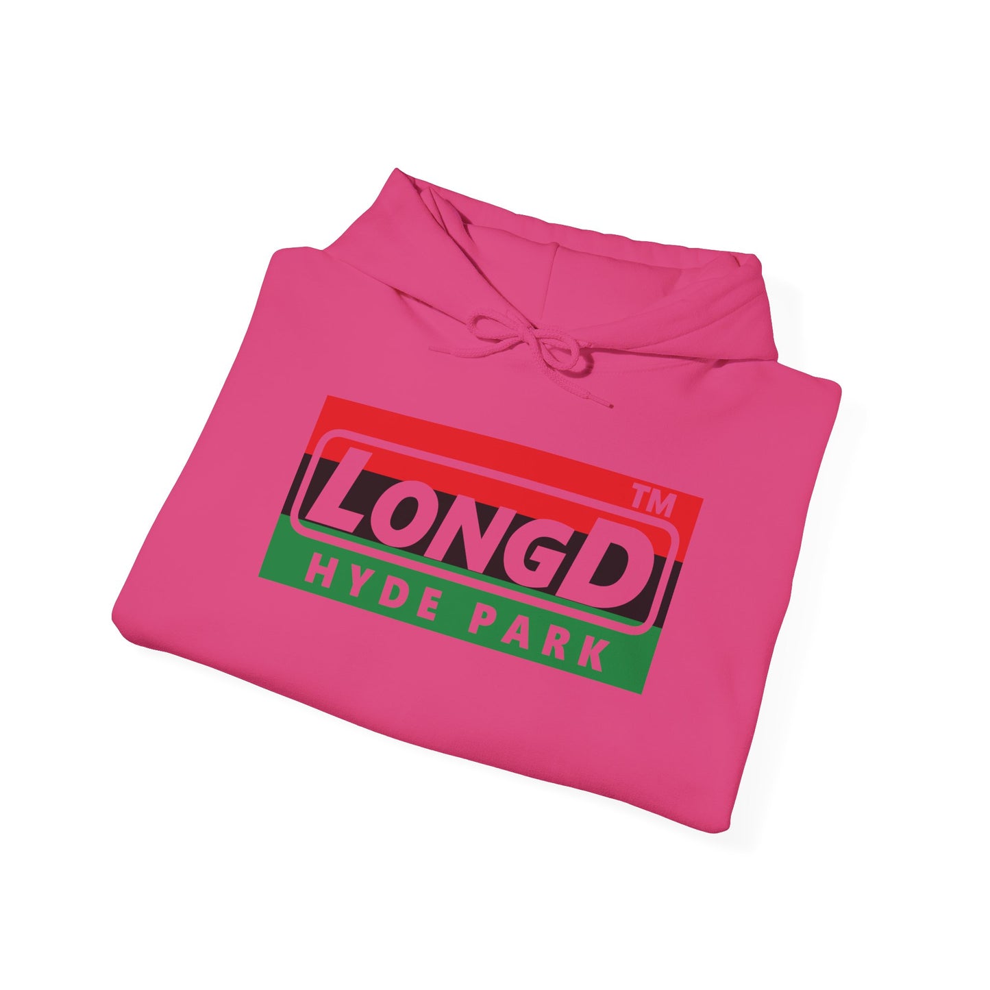 LongD® negative horizontal 3-striped Hyde Park logo Hoodie (Juneteenth colors)