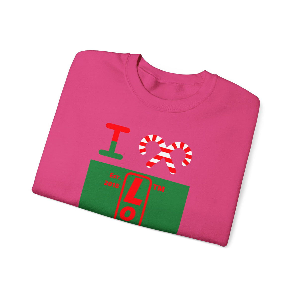 I candy cane LongD Tag upright front-back logo positive red on negative green crewneck sweatshirt