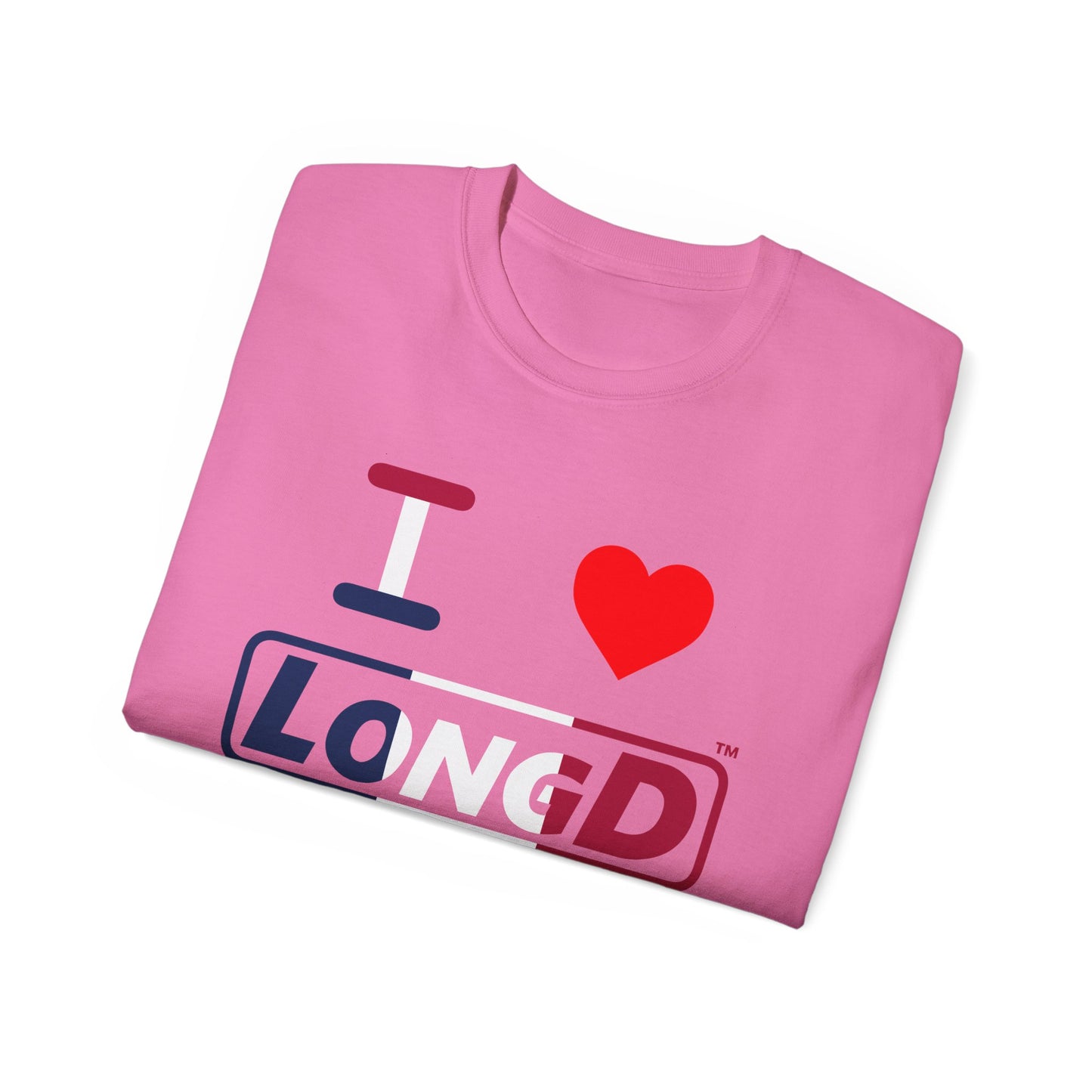 I Luv LongD® Logo Cotton Tee Blue, White and Red positive thirds text