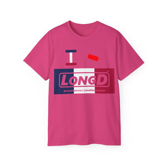 I Firecracker LongD® Logo Cotton Tee Blue, White and Red negative thirds text