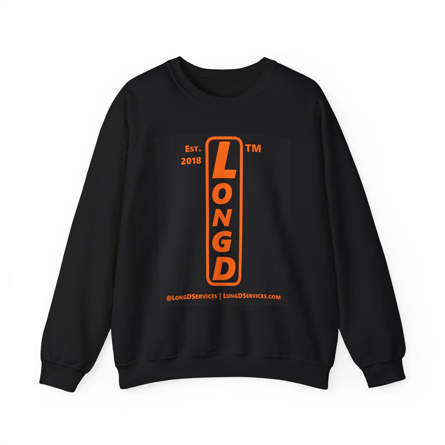 LongD Tag-domain upright front-back logo orange (FE7518) on Black (000000) crewneck sweatshirt