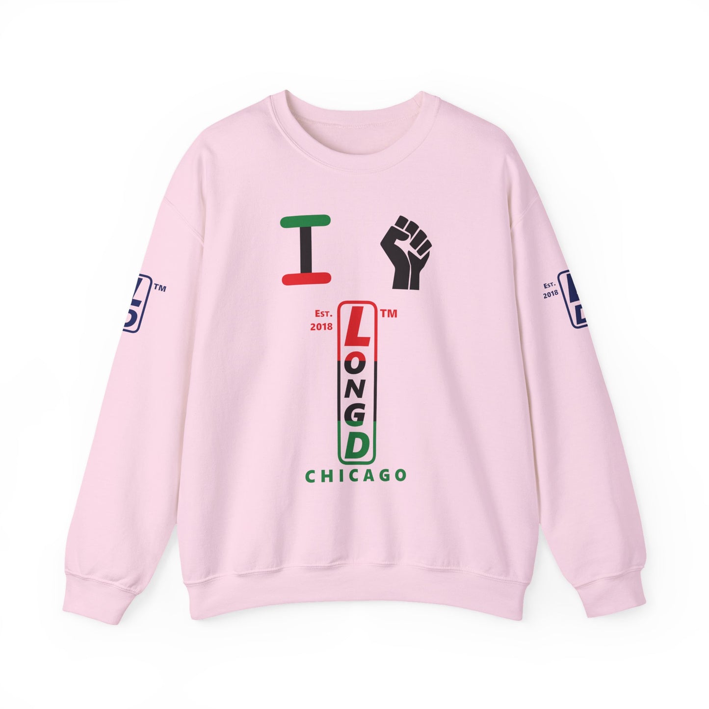 I Fist LongD positive horizontal 6-striped Chicago upright 4-print logo crewneck sweatshirt