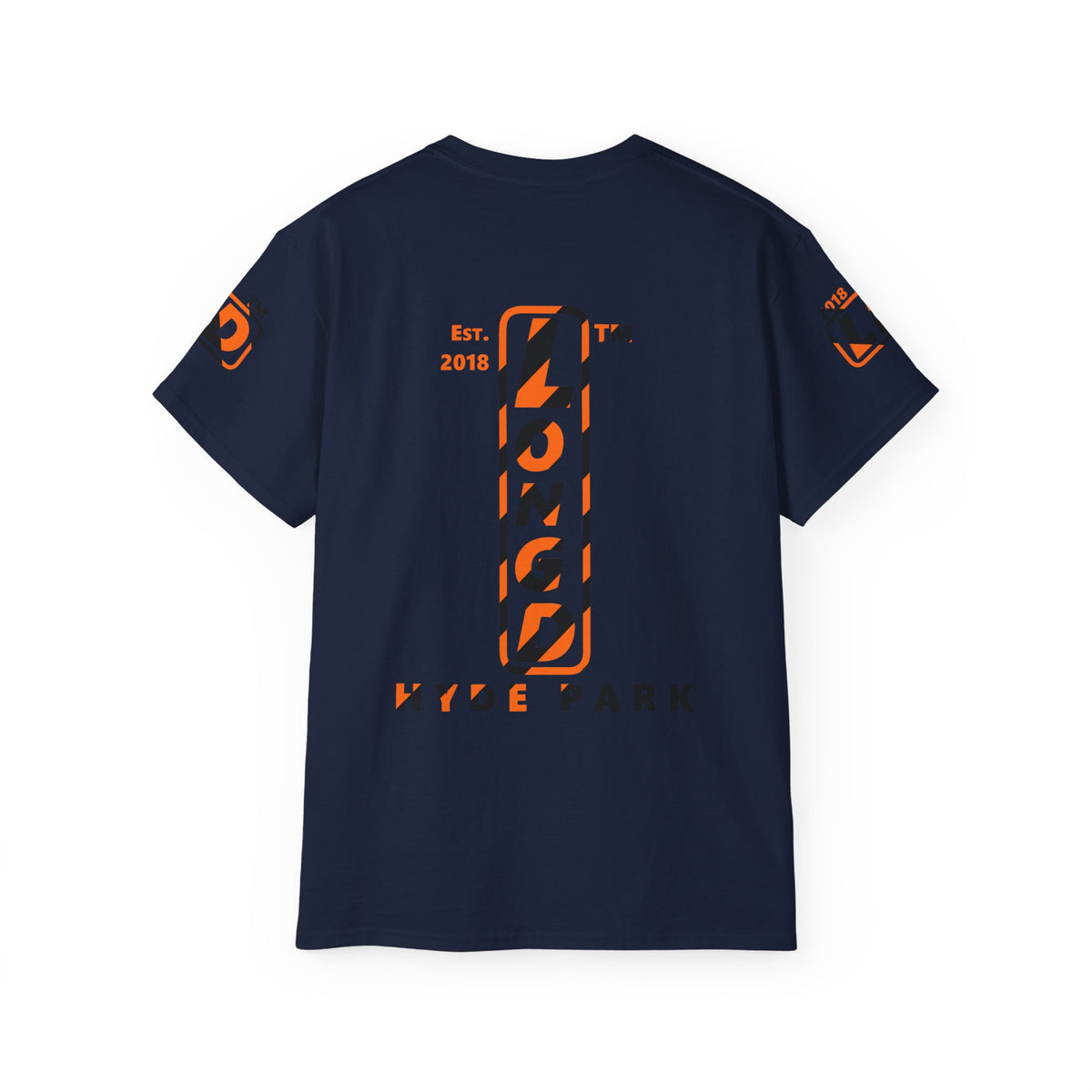 LongD Hyde Park positive upright pixel-weighted 12-striped 4-print logo (Halloween colors) cotton tee
