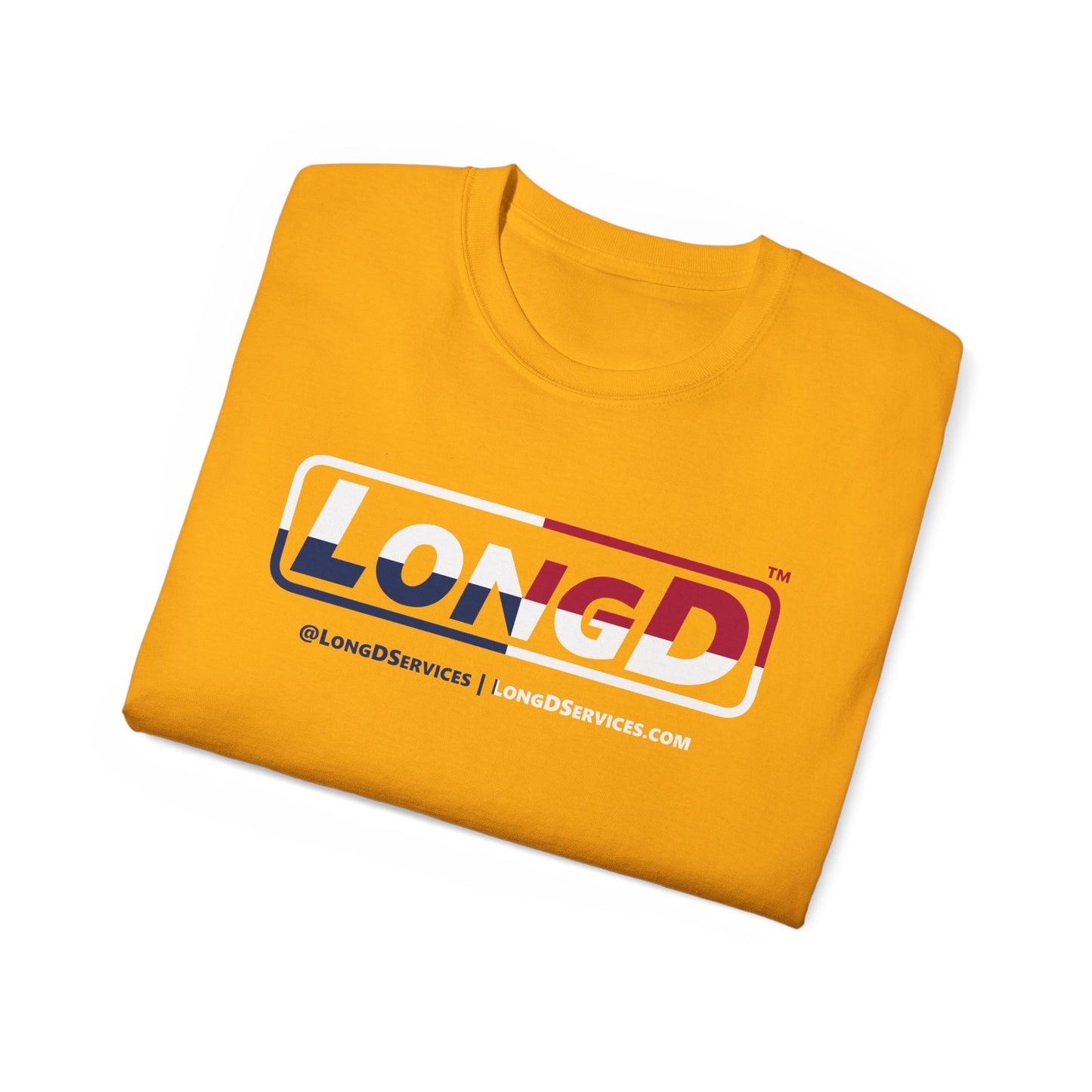 LongD® Logo Cotton Tee Red, White and Blue positive quarters text